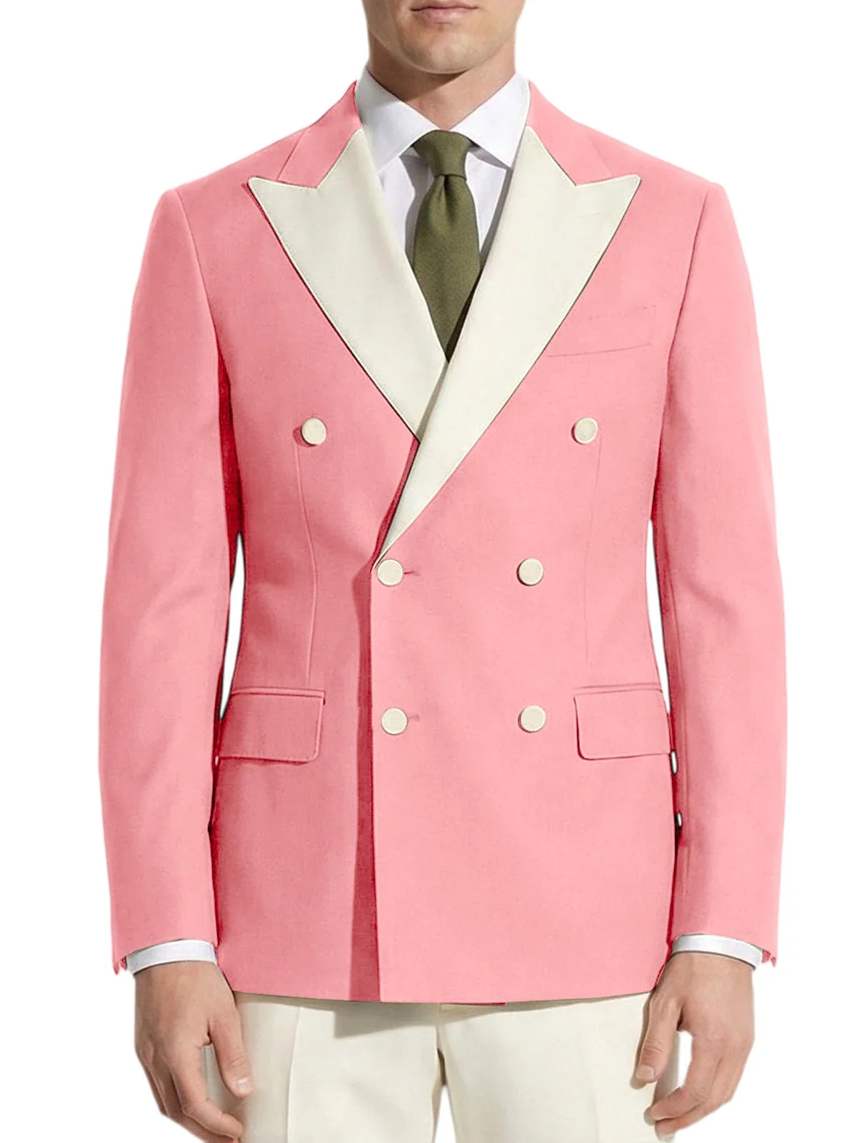 Classic Men's Tuxedo Jacket White Peak Lapel Patched Double Breasted Slim Fit Blazer for Business Formal Wedding Groom Prom Coat