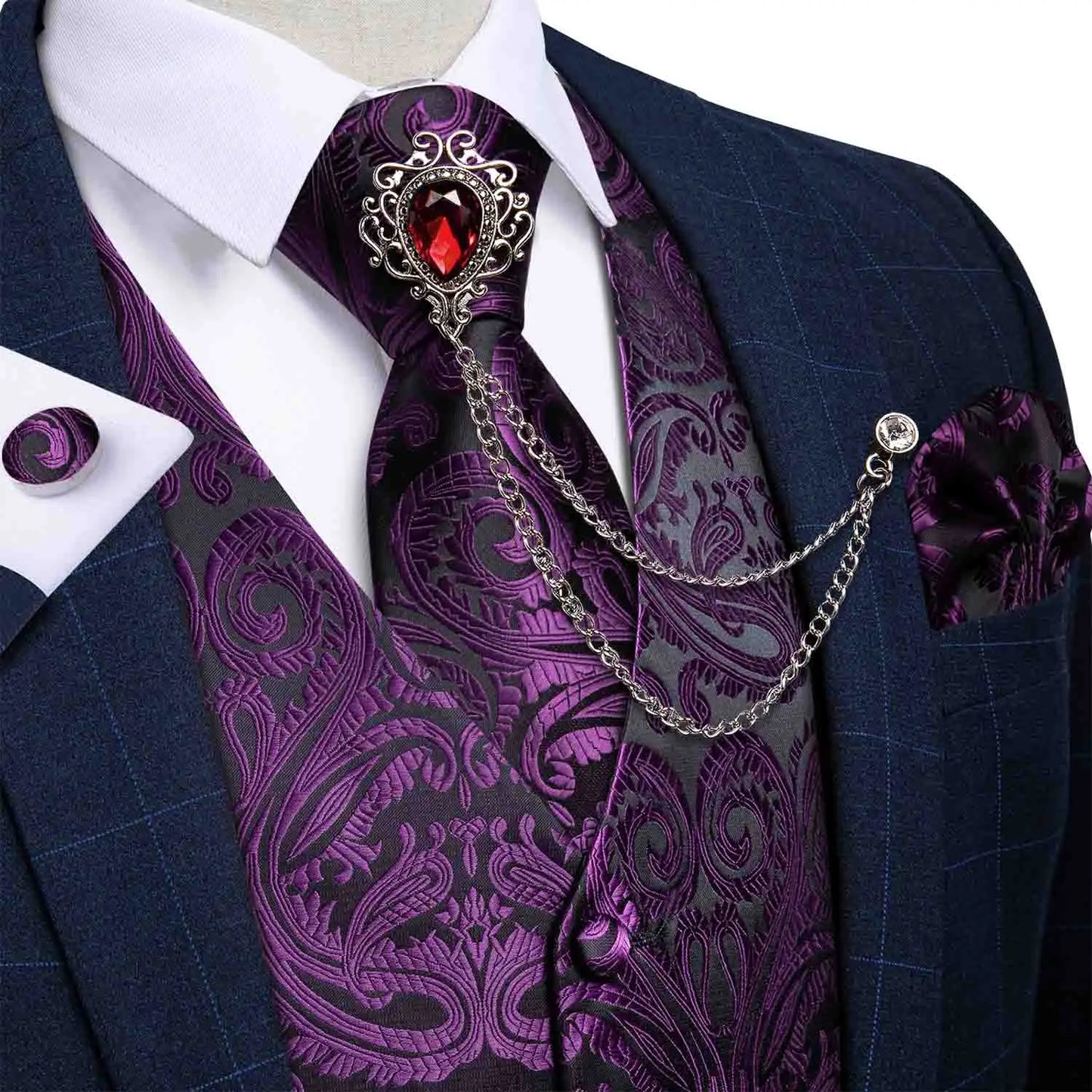 New Teal Green Paisley Formal Dress Vest Men's Suit Vest Waistcoat Tie Brooch Pocket Square Set for Tuxedo