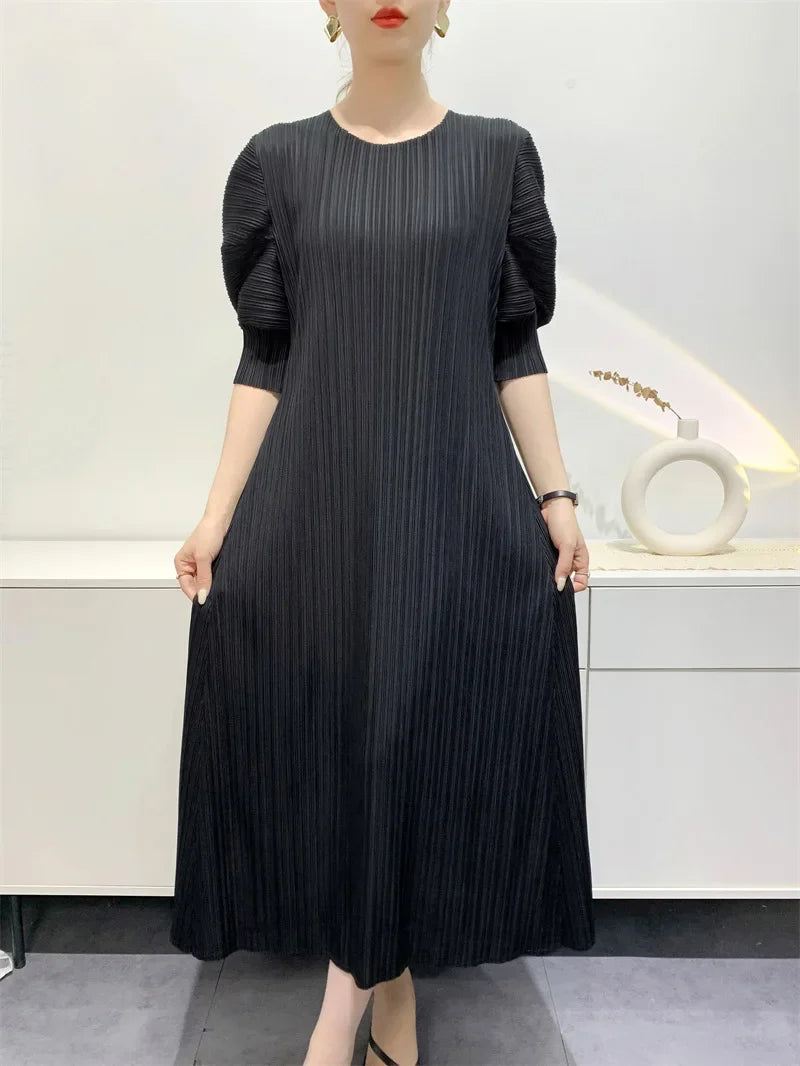 Miyake Pleated Dress 2024 Summer New Round Neck Loose and Comfortable A-line Short Sleeve Maix Dress