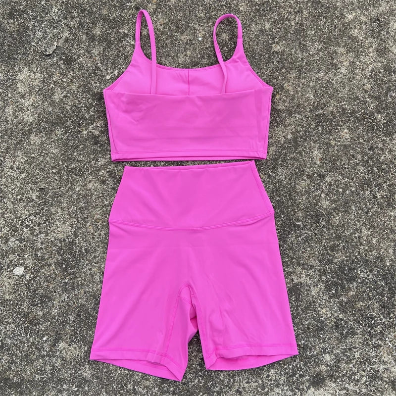 2 Piece Yoga Shorts Set Gym Sports Set Women Workout Clothes Fitness Suit Thin Strap Bra Top High Waist Shorts Running Tracksuit