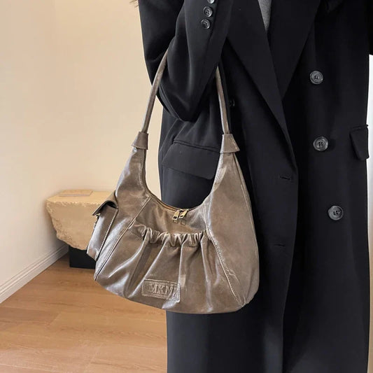 Retro Leather Shoulder Bags for Women 2025 Spring Vintage Underarm Bag Handbags and Purses Latest Fashion Hand Bag