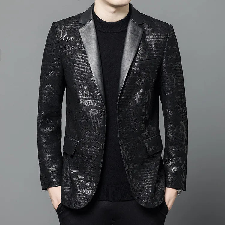 Luxurious Sheepskin Blazers For Men Smooth Casual Leather Jacket Winter Top Quality Leopard Print Slim Gentleman Terno Masculino