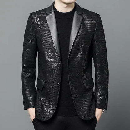 Luxurious Sheepskin Blazers For Men Smooth Casual Leather Jacket Winter Top Quality Leopard Print Slim Gentleman Terno Masculino