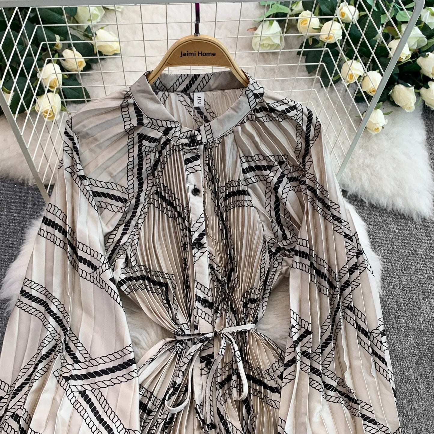 Ele Printed round Ne Lantern Sve Dr Women's Single Button Waist Cinch Maxi Skirt Long Dr Commute Sle Autumn