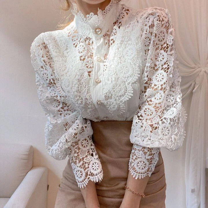 Vintage Solid White Lace Blouse Shirts Women New Korean Button Loose Shirt Tops Female Hollow Casual Ladies Blouses Blusas