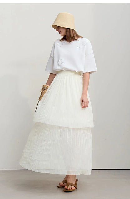 Long Skirt 2026 Spring New Casual Vacation Waist Pleated Mesh Long Skirt Women Loose Solid Versatile Woman Clothes 12621001