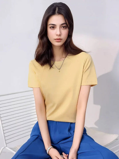 Women Solid T shirts, Silk Cotton Blend, O Neck, Short Sleeved Solid Tee,2025 Summer Candy Colors Basic Cozy Top Green