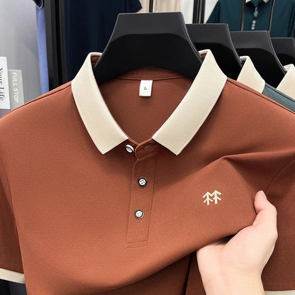 Designer brand silk cotton short sleeve polo shirt summer new Korean casual men's T-shirt fashion embossed soft breathable top