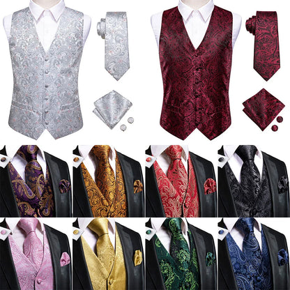Mens Vests Tie Sets V-Neck Grey Red Purple Blue Green Pink Black Waistcoat Hanky Cufflinks Wedding Business Designer