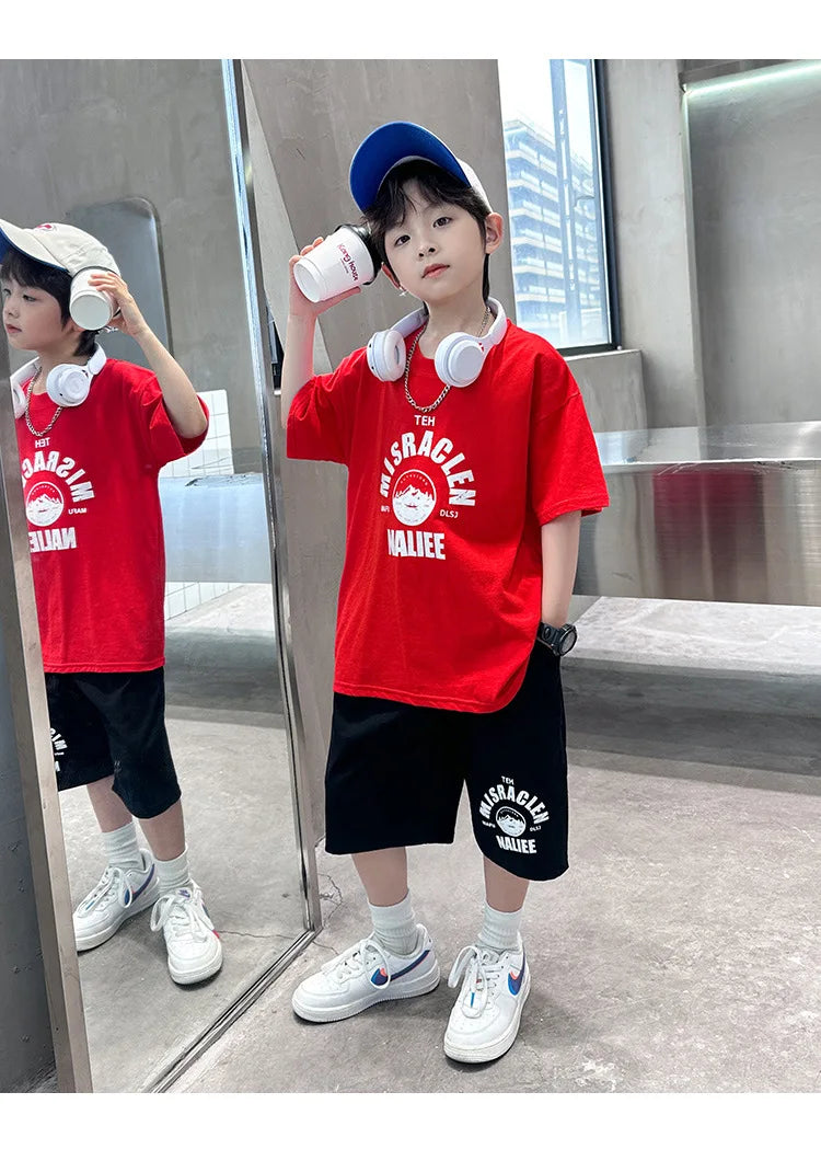 Summer Boys Cotton Leisure Print T-Shirt Top+Shorts Pant Contrast Set School Kids 2PCS Tracksuit Children Vacation Outfit 5-16Yr