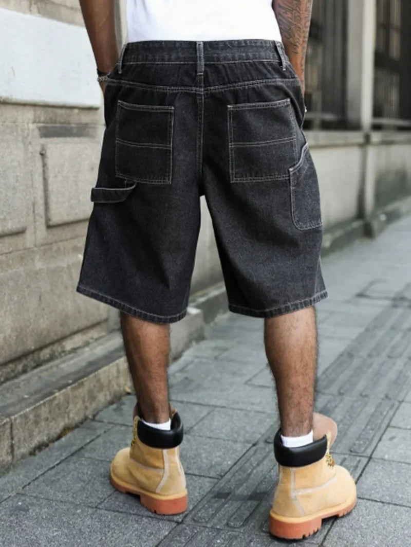 Men's Summer Black-Grey Loose Baggy Denim Shorts