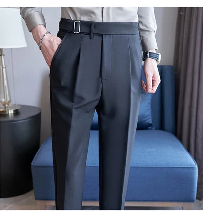 2026 Texture Naples Men's Solid Color Casual Pants Fashion Belt Design Slim Fit Suit Pants Formal Wear Wedding Social Trousers