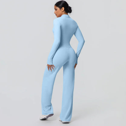 2pieces Quick Drying Sports Fitness Clothing Yoga Set Women Yoga Zipper Long Dleeves High Waisted Breathable Wide Leg Pants Set