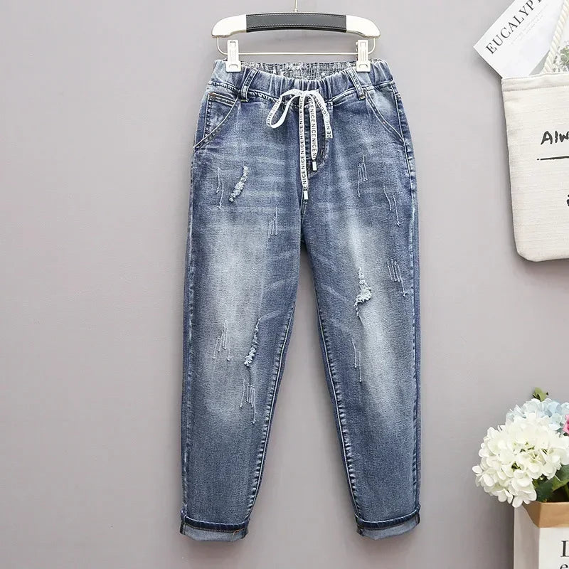 Large Size Baggy Jeans Woman High Waist Loose Harem Pants Elastic Cotton Denim Pants Women Denim Jeans Mom Ripped Jeans