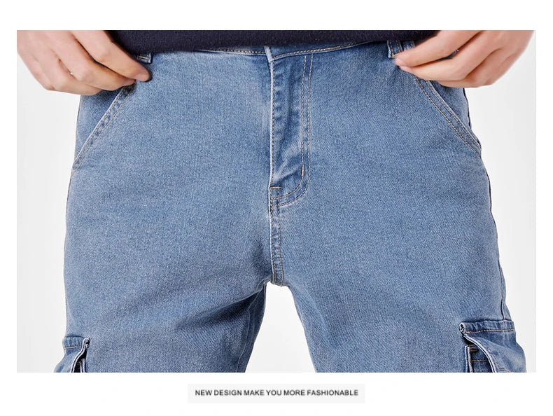 Men's Street Style Elastic Waist Denim Cargo Pants Solid Color Washed Slim Fit Casual Jeans with Multiple Pockets for Daily Wear