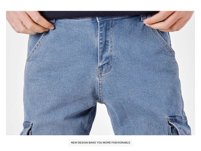 Men's Street Style Elastic Waist Denim Cargo Pants Solid Color Washed Slim Fit Casual Jeans with Multiple Pockets for Daily Wear