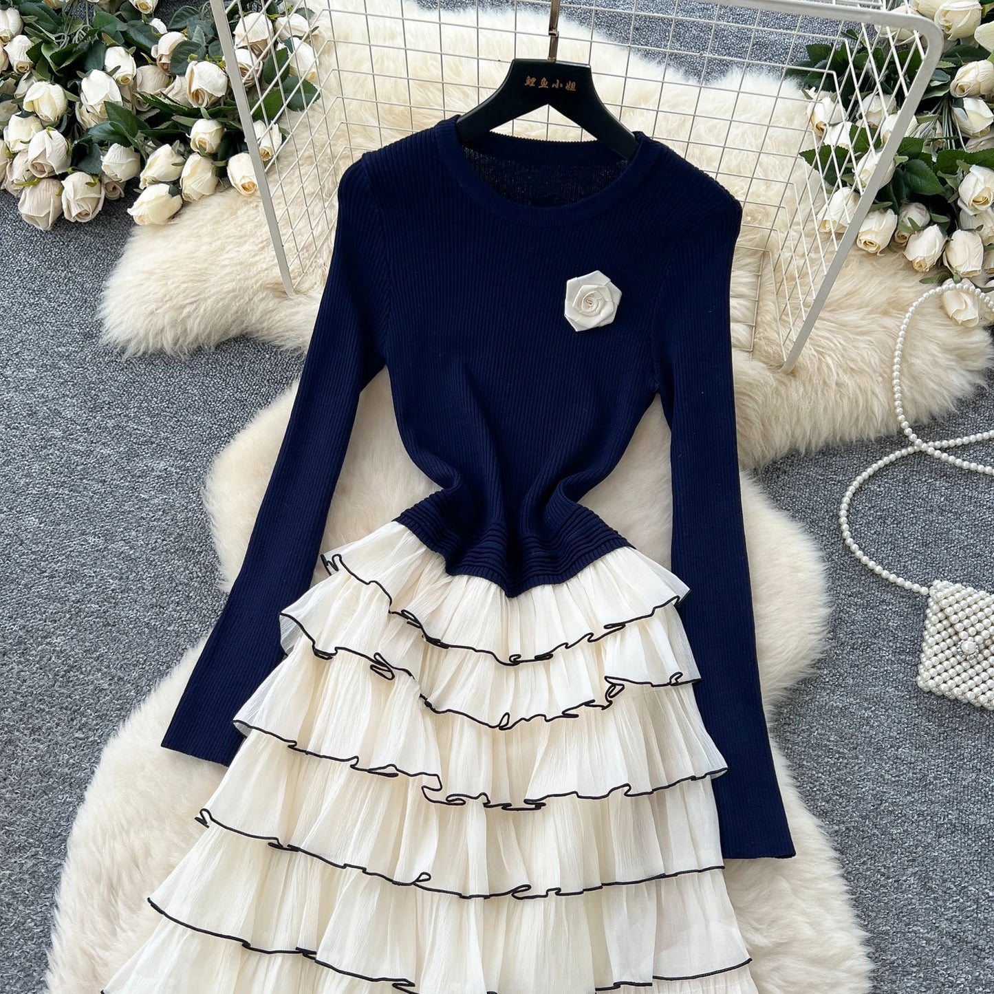 Autumn 3D Floral Spliced Long Dress 2025 Female O Neck Long Sleeves High Quality Slim Luxury Knitted Party Cake Dress