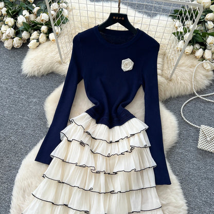Autumn 3D Floral Spliced Long Dress 2025 Female O Neck Long Sleeves High Quality Slim Luxury Knitted Party Cake Dress
