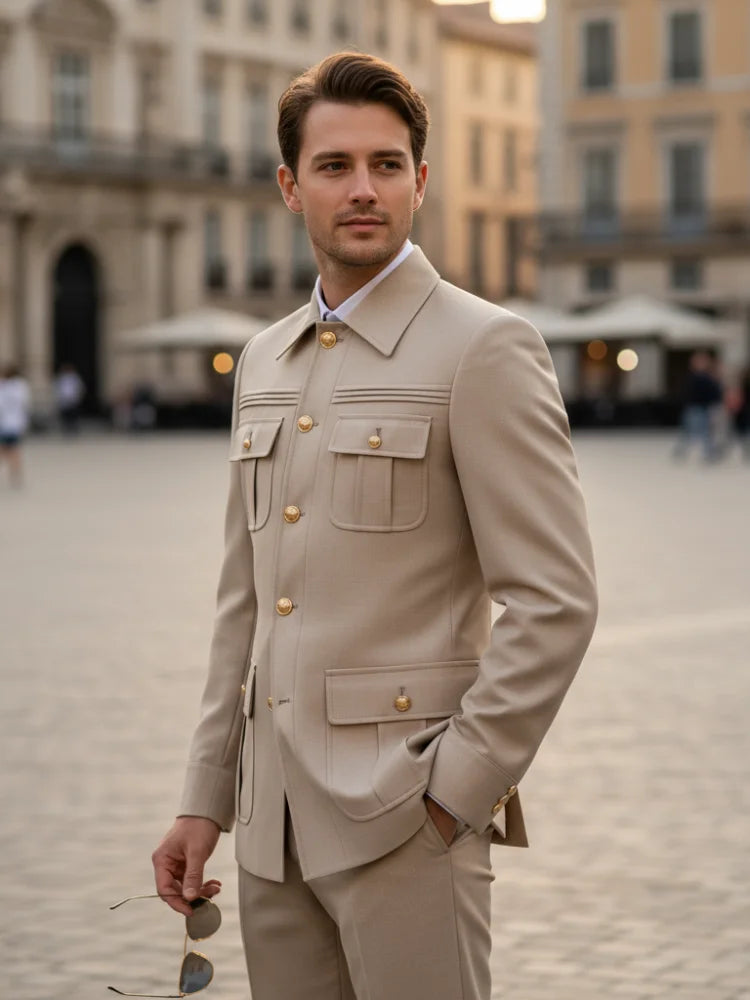 Slim Fitting Safari Men's Suit Thin Version Classic Fit Single Breasted Multiple Pockets Solid Color Casual Business