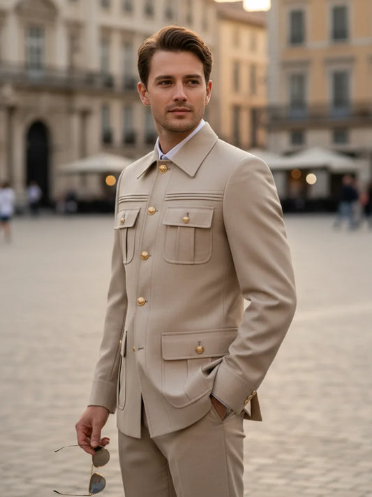 Slim Fitting Safari Men's Suit Thin Version Classic Fit Single Breasted Multiple Pockets Solid Color Casual Business