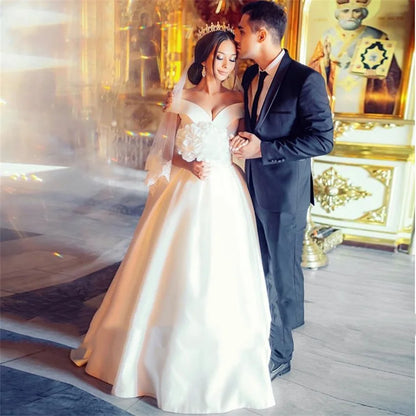 Simple Satin Wedding Dresses Sexy V-neck Off The Shoulder A-line Floor Length robe de mariée Fiesta De Boda