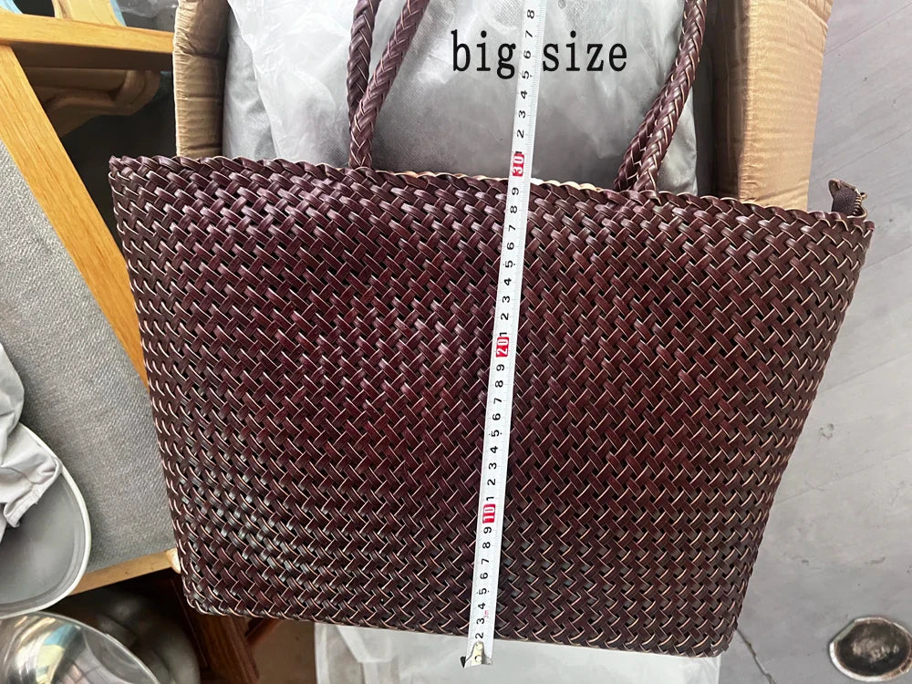 Women Leather Handbag Romantic Big Handmade Woven Totes Female Cowhide Big Holiday Bucket Bag Causal Beach Shoulder Handbags