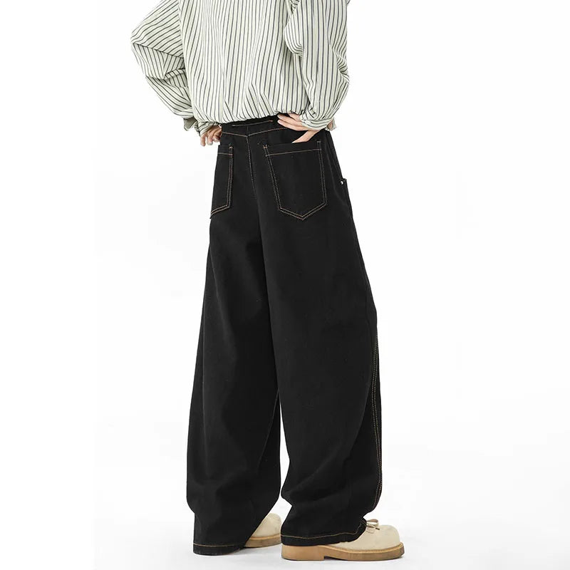 Japanese Korean Casual Black Straight Leg Jeans Men'S Spring Autumn Jeans High Street Loose Pants Wide Leg Pants