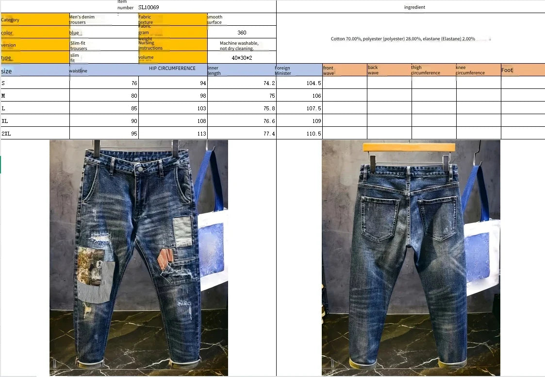 Retro Spliced jeans Men's Trendy Brand Ripped Bear Patch Loose Classic Man Pants Rhinestones Denims Tears Streetwear for Man