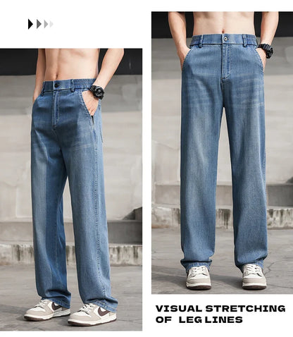 Thin Light Men's Summer Jeans Straight Fit Lyocell Denim Pants Male Elastic Elegant Casual New Style Stretch Relaxed Fit Telaxed