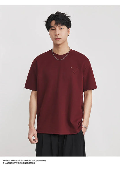Men's Heavyweight 280g 2026 Summer New Cotton Solid Color Short Sleeve T-Shirt Crew Neck Triangle Label All-match Minimalist Tee