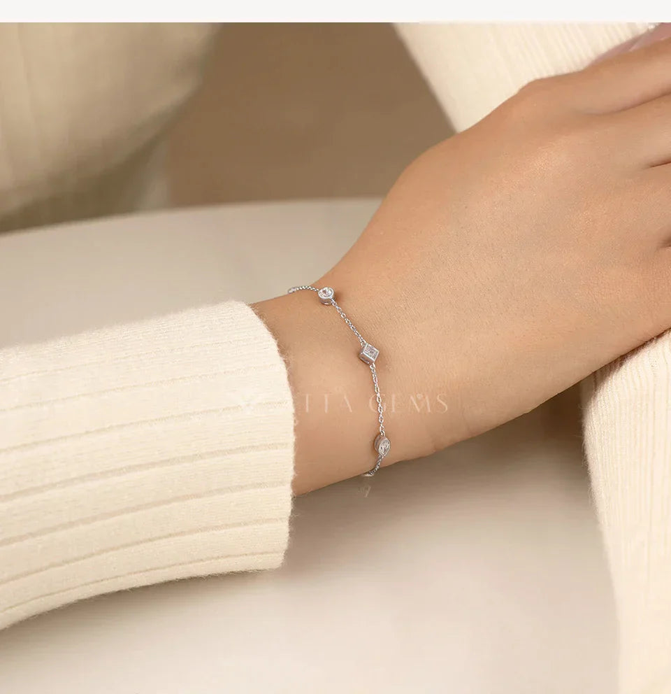 Mixed Cut Bezel Moissanite Bracelets for Women S925 Silver Adjustable Extension Chain Popular Jewelry for Wedding Party