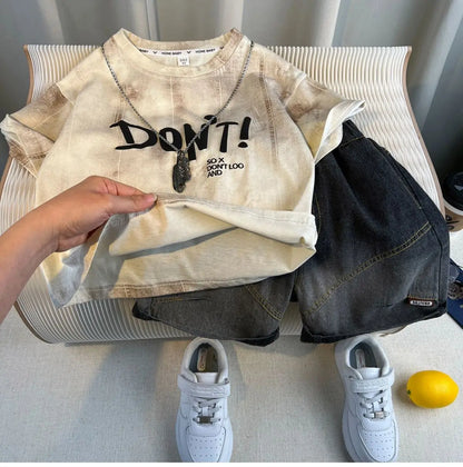 Korean Children's Summer Clothes Kids Set Outfits Boys 2026 Handsome Sleeveless&Short Sleeved T-shirt Denim Shorts 2-piece Set
