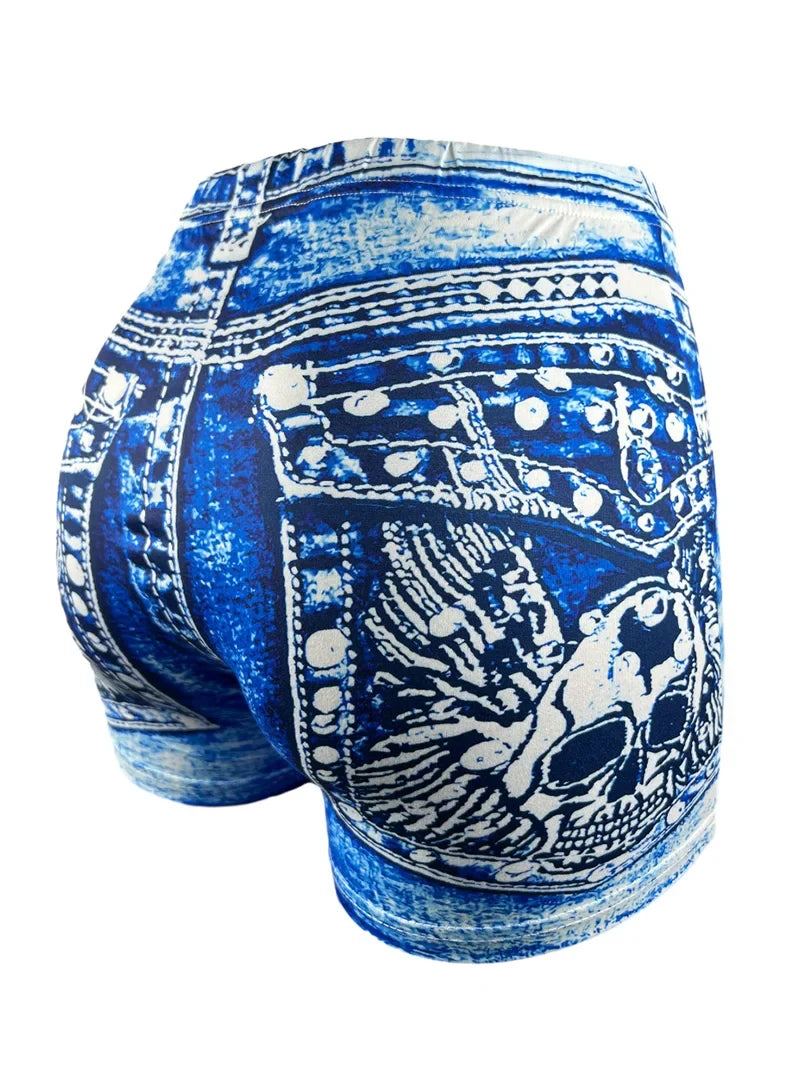 Women's Faux Denim Print High Stretch Slim Shorts, Versatile Yoga Shorts, Polyester Non-Denim Material