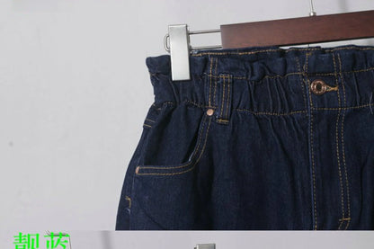 Casual High Waist Cotton Stretch Denim Capri Pants with Pleated Hem Elastic Waist Ladies Faion Spring Autumn Wear