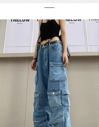 Y2K Cargo Jeans Women's Baggy Wide Leg Multi-Pocket Fashion Denim Pants Harajuku Streetwear Female Vintage Loose Casual Pants