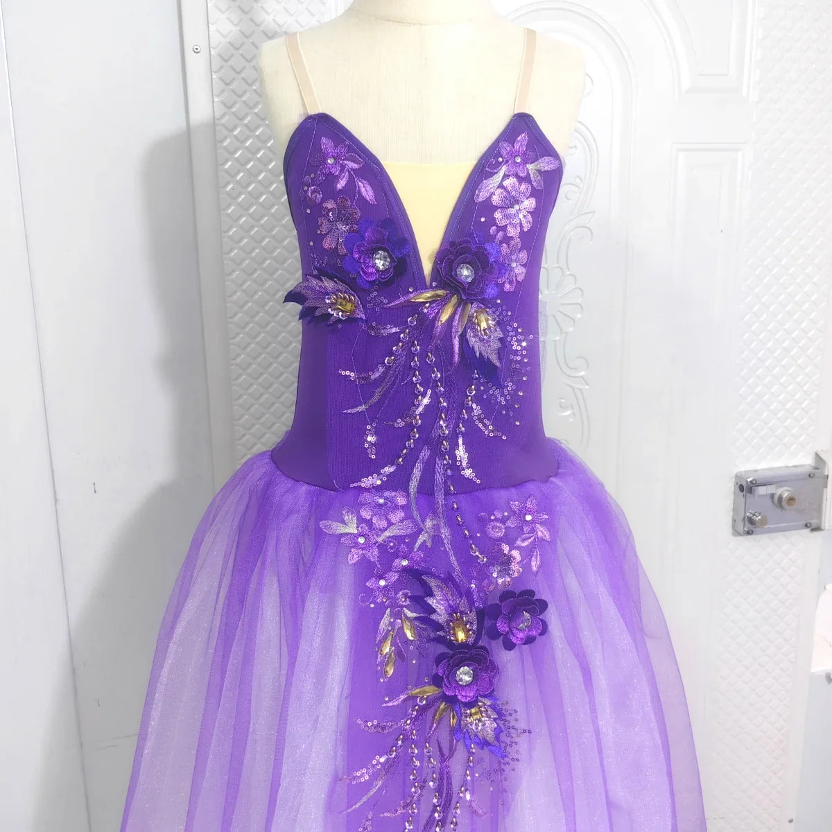 Long Ballet Tutu Skirts Blue 3d Flower Dress Performance Costumes Princess Dance Practice Romantic Dress