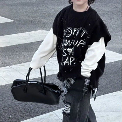 2026 Spring Fall Outfits Baby Kid Boys Knitted Letter Graffiti Vest+ Long Sleeved T-shirt +Grid Fart Curtain Hole Pants 3pcs Set