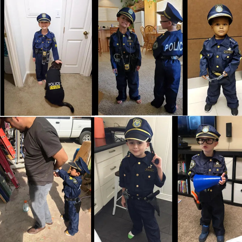 Kids Police Officer Costume Set - Jacket, Pants, Justice Hero Boys Police Officer Uniform Cap & Accessories for Halloween Party