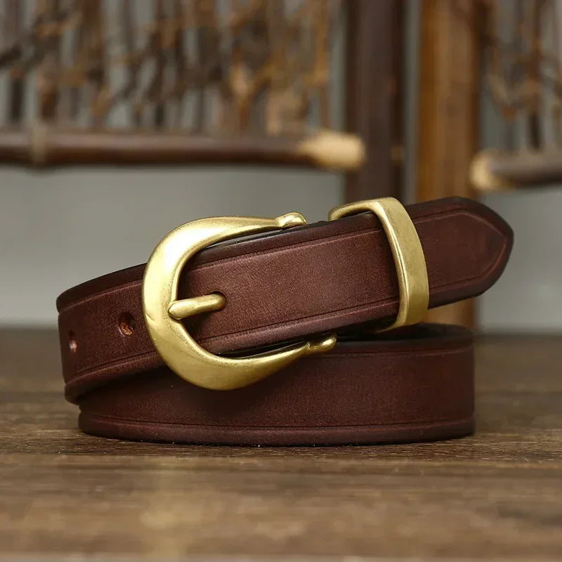 2.4 CM Pure Cowhide Genuine Leather Ladies High Quality Jeans Brass Buckle Belts Cowboy Fashion Designer Belts for Women luxury