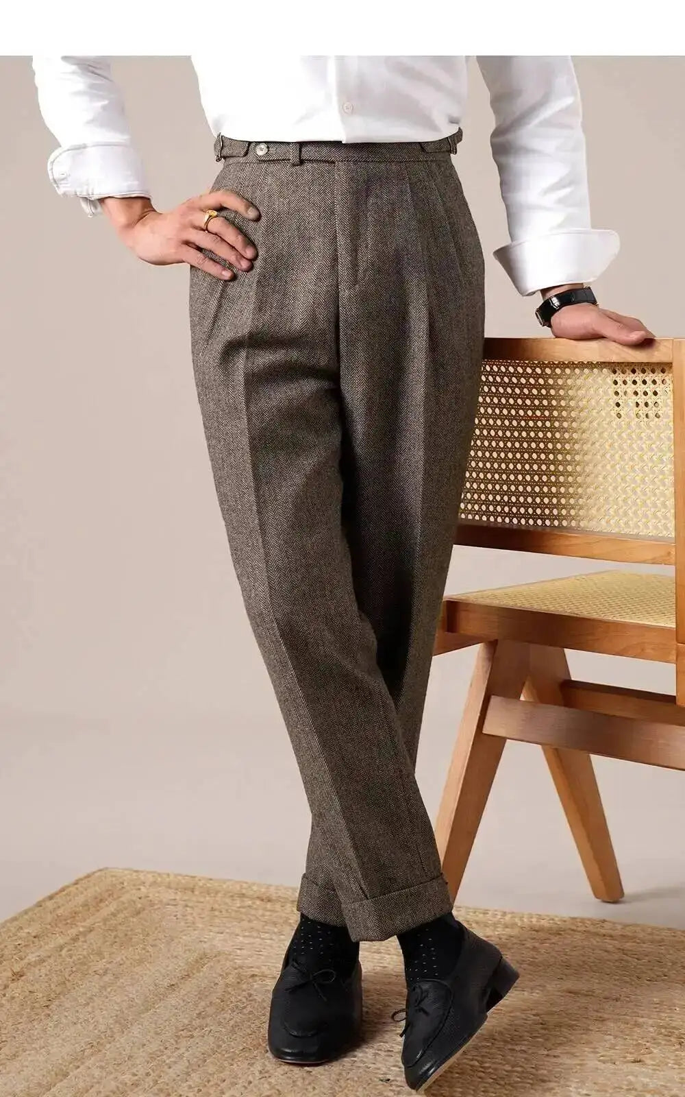 Autumn Herringbone Dress Pants For Men Naples Men's Wool Blend High Waist Social Casual Versatile Long Pants Office Trousers Men