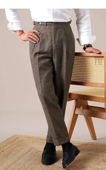 Autumn Herringbone Dress Pants For Men Naples Men's Wool Blend High Waist Social Casual Versatile Long Pants Office Trousers Men