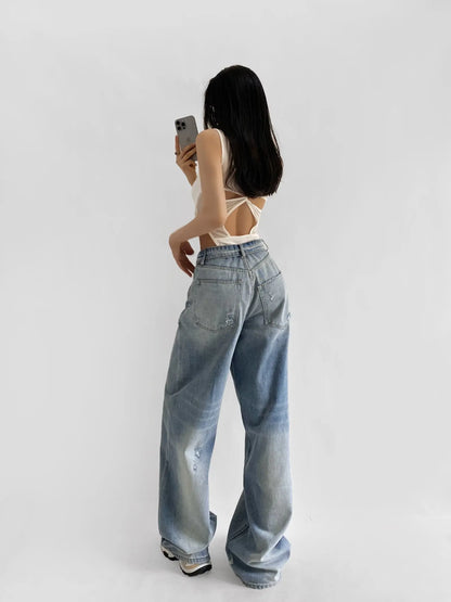 American Retro Cuffed High Waist Slimming Casual Denim Jeans Women's Autumn Versatile Loose Straight Leg Floor-Length Pants