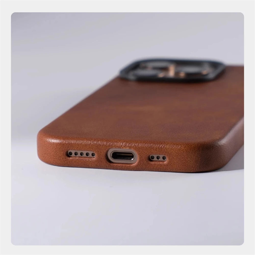 Luxury Business Retro Leather Magnetic Case For iPhone 17 Pro Max 16 Plus 15 14 13 MagSafe Alloy Lens Wireless Charging Cover