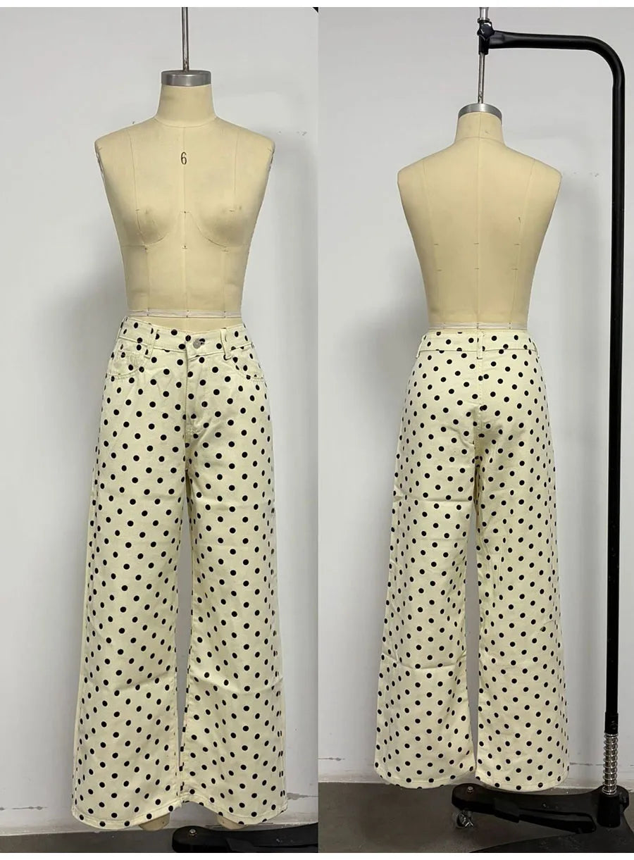 Spring Autumn High Wasit Jeans Pants Women 2026 Fashion Vintage Polka Dot Print Wide Legging Denim Trousers Bottoms Casual