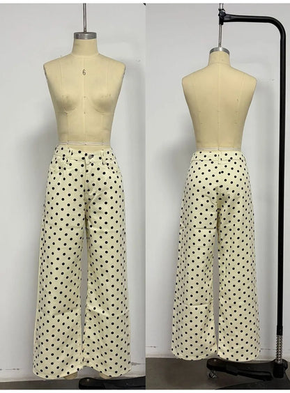 Spring Autumn High Wasit Jeans Pants Women 2026 Fashion Vintage Polka Dot Print Wide Legging Denim Trousers Bottoms Casual