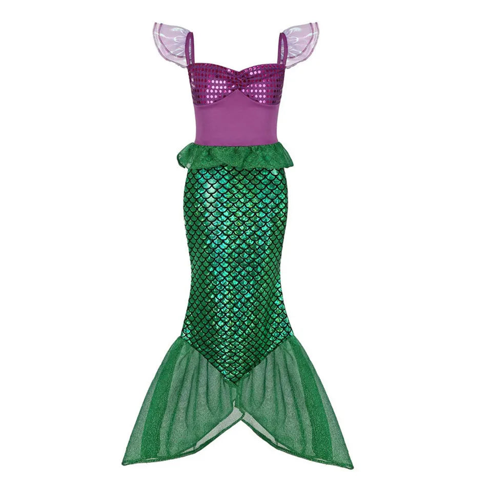 Little Girls Summer Clothing Children Ariel Mermaid Cosplay Blue Green Pink Sunshine Beach Enjoy Vacation Princess Ruffles Dress