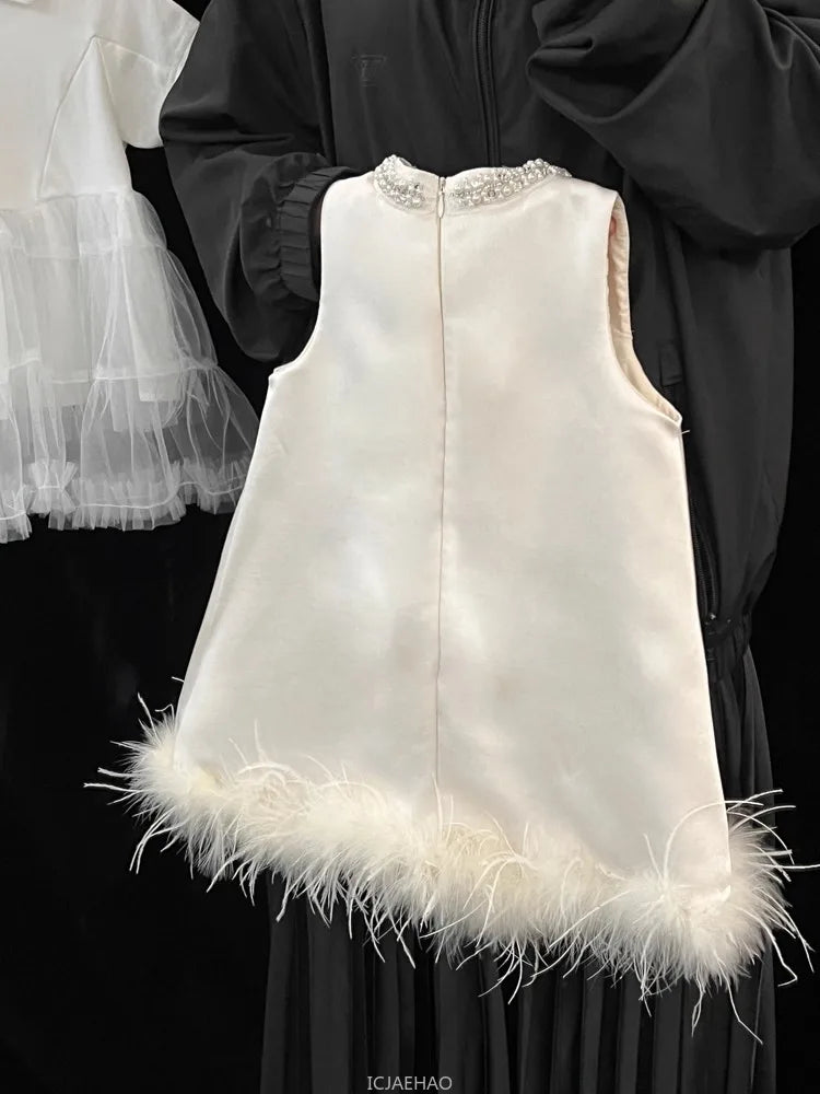 Girls Satin Feather Princess White Dress Clothes Baby Kids Birthday Party Gown Kids Formal Outfit Children Summer Costumes