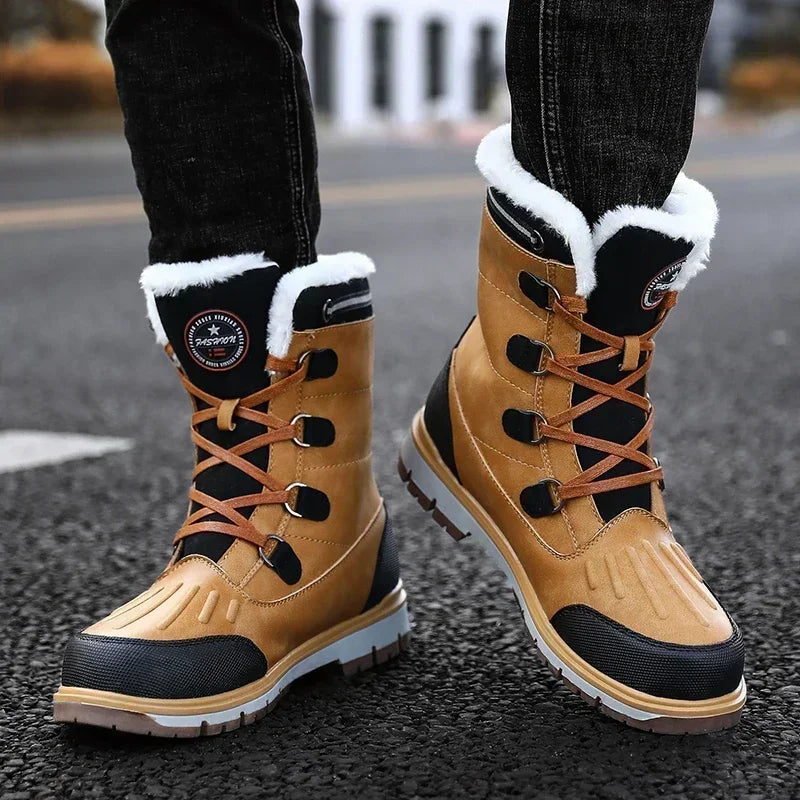 Fashion Men's Winter Boots Warm Fur High-top Snow Boots Men Waterproof Leather Platform Boots Outdoor Non-slip Men Winter Shoes