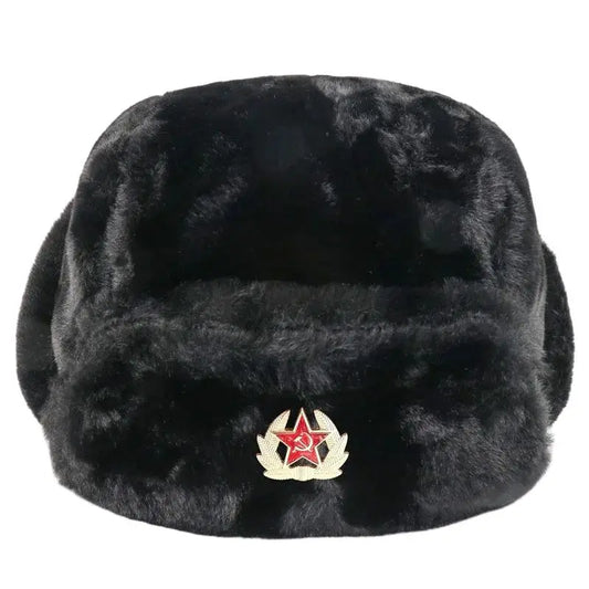 Soviet Badge Ushanka Men&Women Bomber Hats CCCP Army Pilot Trapper Trooper Hat Winter Faux Rabbit Fur Earflap Snow Caps