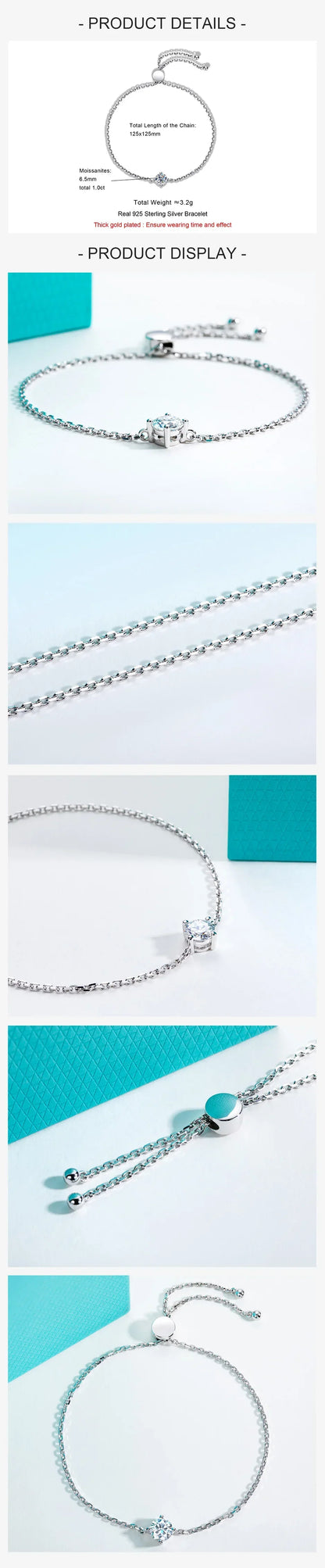 1ct Moissanite Bracelet 925 Sterling Silver Lab Created Diamond 12.5x12.5cm Adjustable Bracelets for Woman Jewelry Gift